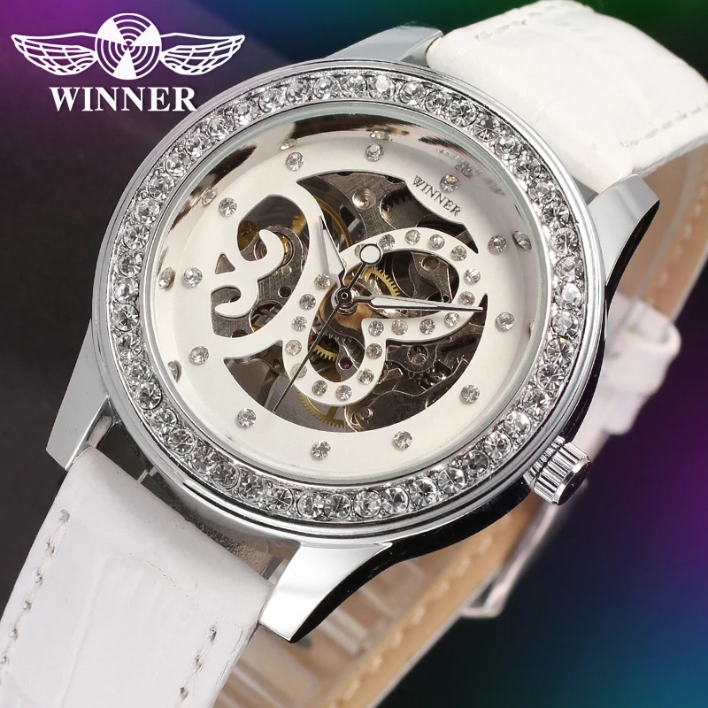 

WINNER watch white Elegant and intellectual openwork carved butterfly with diamond shiny manual mechanical wrist watch