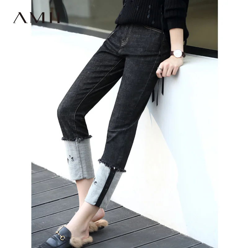 

Amii Women Minimalist Denim Jeans Chic Flip Printing 2018 Autumn Straight Pants