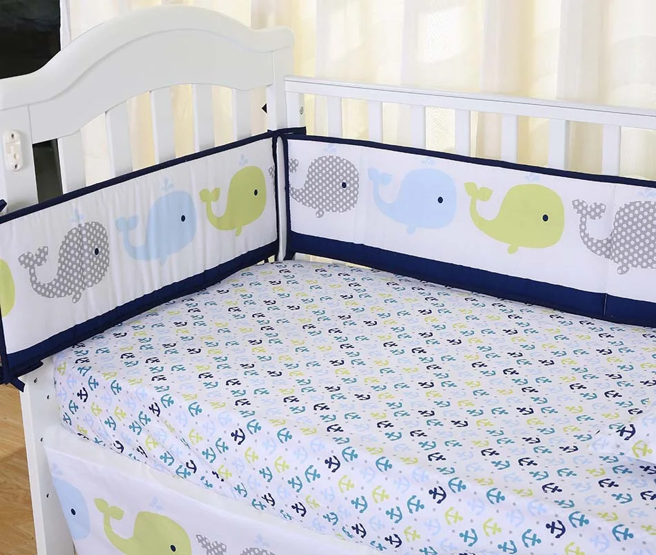 8 шт. кроватки новорожденных постельные принадлежности одеяло набор вышивка синий киты детская кроватка бампер Стёганое одеяло простыня пыли Рюш