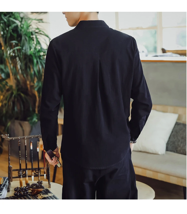 Повседневная мужская рубашка с длинным рукавом в китайском стиле, весна 2019, новая мужская рубашка с воротником-стойкой, приталенная
