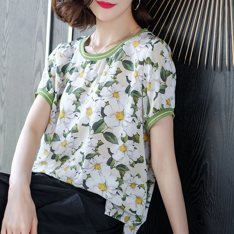 

Women's Blouse Summer Quality 100% Pure Silk Women Printed Blouse Shirt Tops Party Girls Blusas Femininas
