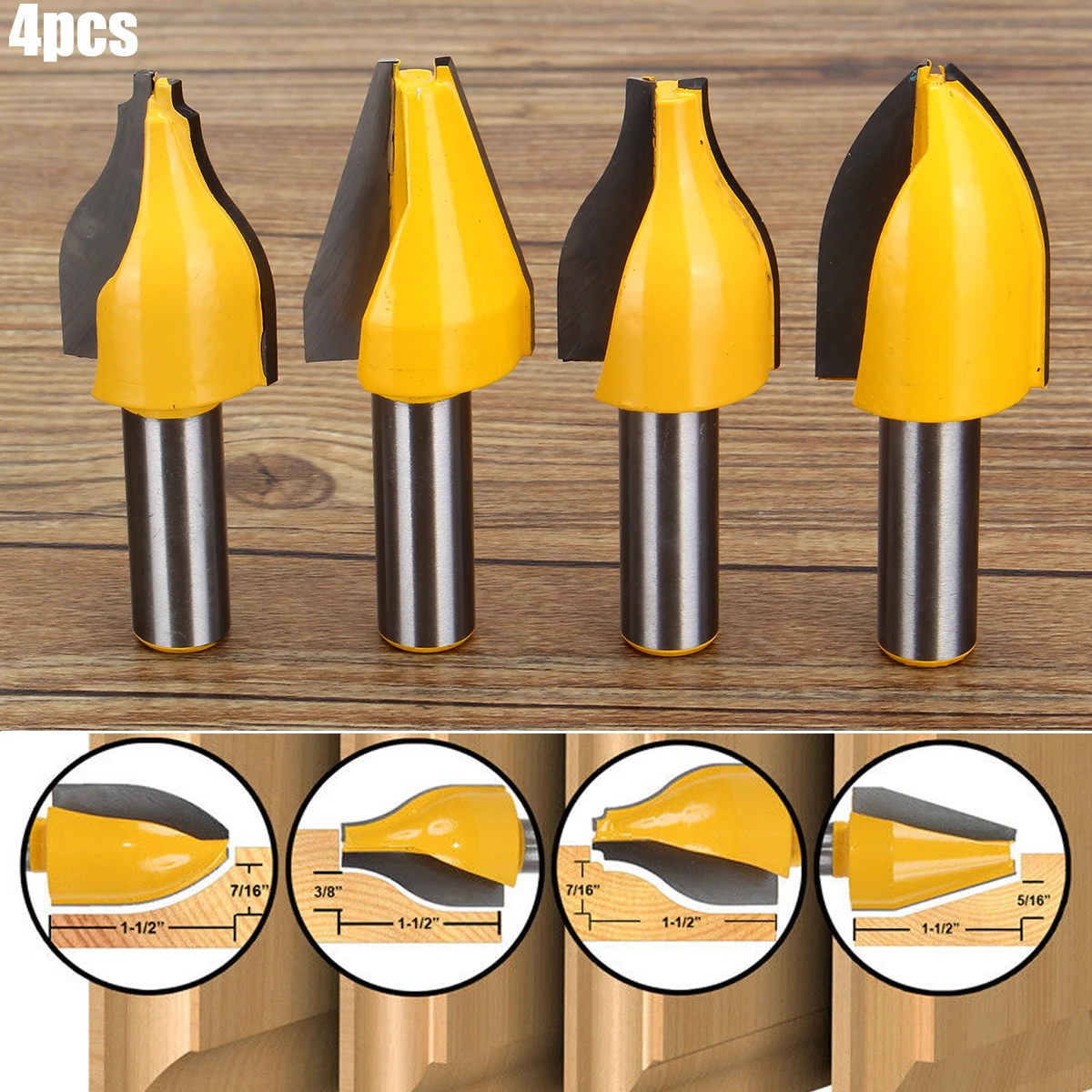 

1/2" Shank 4 Bit Vertical Raised Panel Router Bit Set Slotting Trimming Cutter Machine Tools For Woodwork Cutter Power Tools