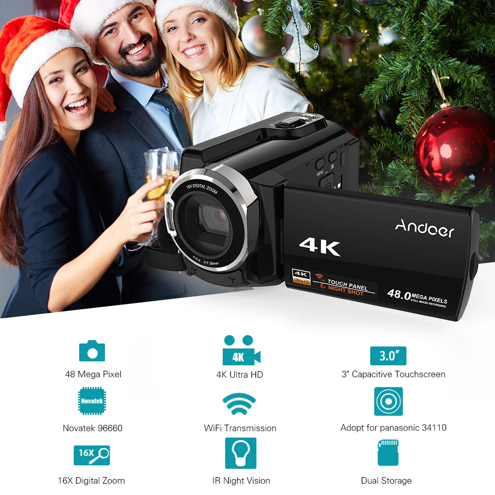 Andoer HDV-534K 4K 48MP WiFi цифровая видеокамера 1080P Full HD Novatek " емкостный сенсорный экран Поддержка 16X зум Распознавание лица