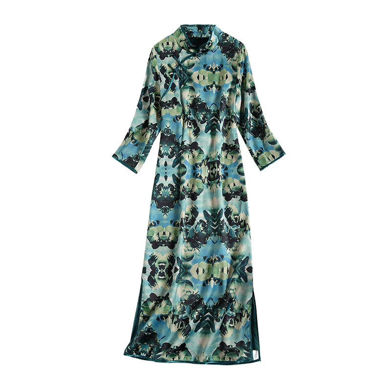 Gamme 2018 Oycp morceaux Femmes Automne Piste Élégante Robe Mince Mi Haut Vintage La De D'un Imprimé Vert 80929 Élégant X11dqw