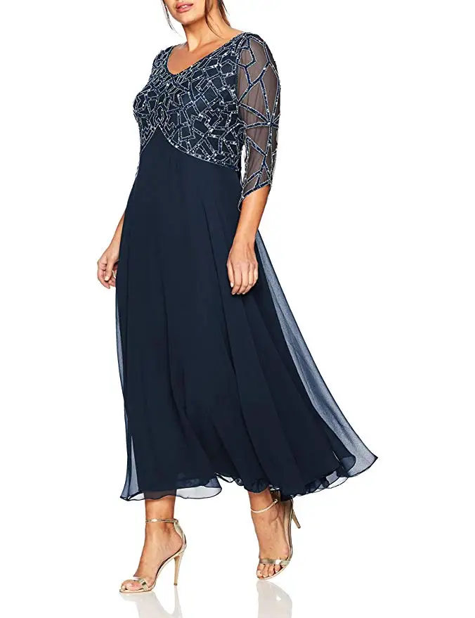 

2019 Women's Chiffon Beading Tea Length Long Sleeves Mother Of The Bride Dress Plus Size Vestidos De Madrina