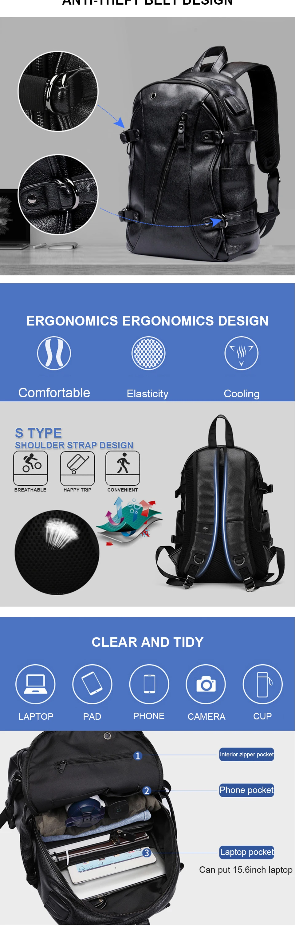 _03 2019 Pu Leather Backpack Laptop Men Male 15.6inch Notbook Back pack Teenager School Travel Backpacks Large Capacity Luggage Bag