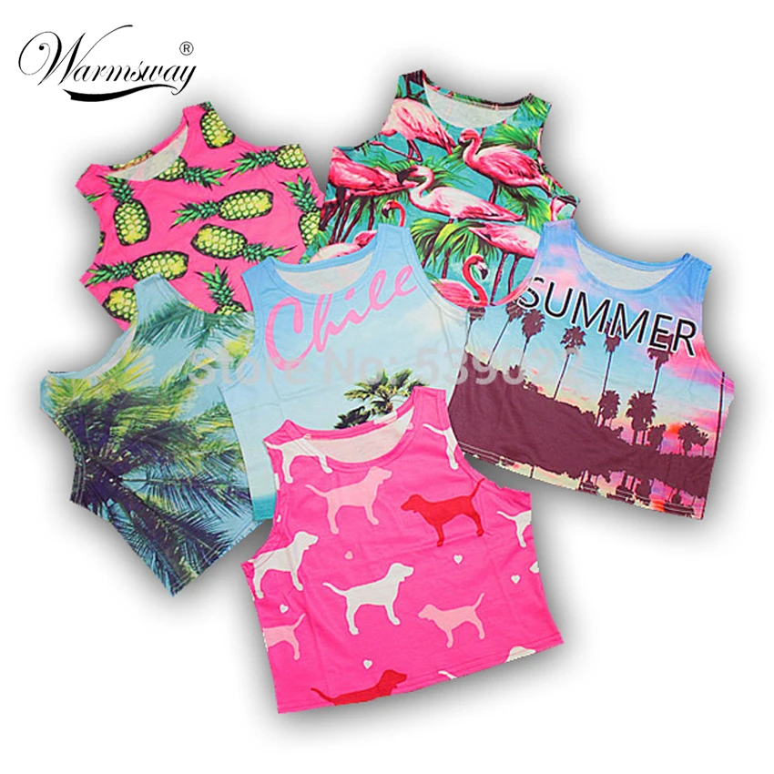 women summer crop top printed Sexy lady loved design bird pineapple palm tree chile letter beach dog cotton blends fabric A-006