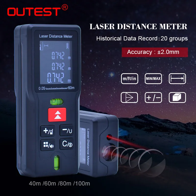Laser distance Meter OUTEST laser Tape measure Diastimeter tester tool Mini Digital Laser Rangefinder 40M 60M 80MM 100M Laser distance Meter OUTEST laser Tape measure Diastimeter tester tool Mini Digital Laser Rangefinder 40M 60M 80MM 100M