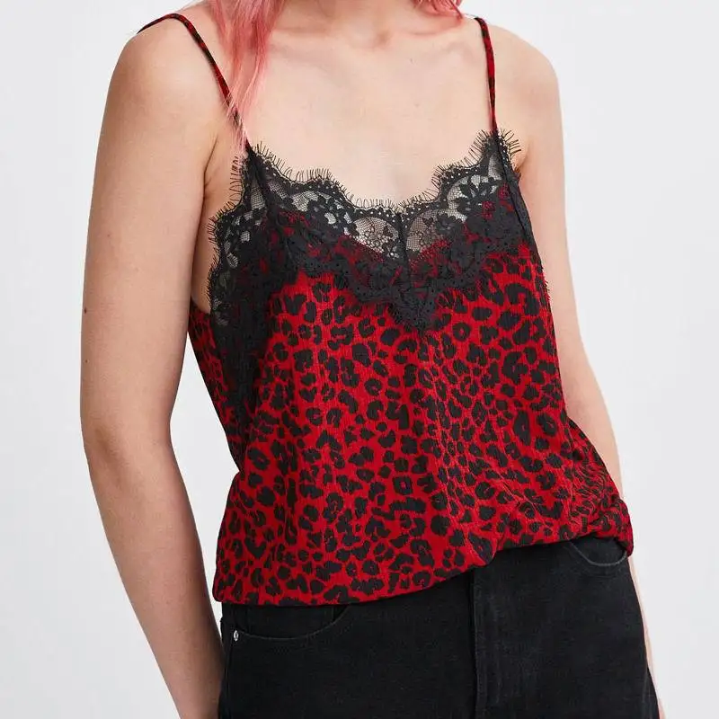 

ZA 2019 Spring and Summer Lace Patchwork Leopard Print Sexy Women Camis