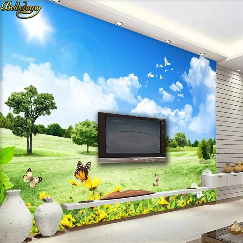beibehang Custom 3d wallpaper mural blue sky white clouds tree flowers  butterfly TV sofa landscape wall papers home decor AliExpress