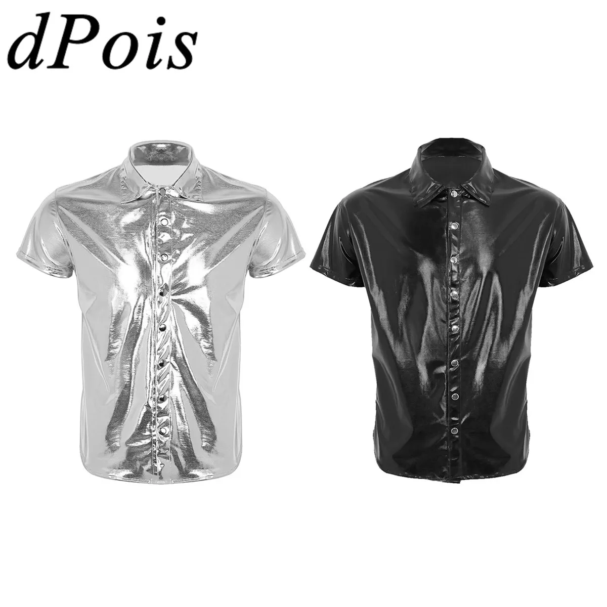 

Male Men Reflective Wet Look Short Sleeve Patent Leather Latin Dance Shirt Nightclub Undershirt Party Stage Performance Costumes
