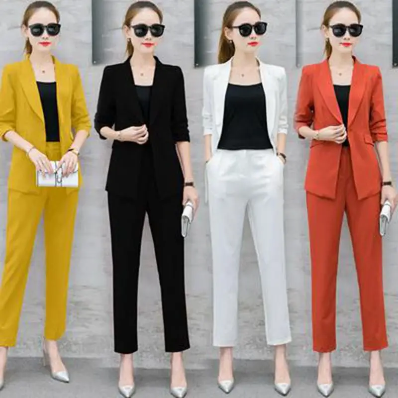 

Stylish solid color slim long-sleeved blazer 2019 summer new women's suit Casual nine-pants two-piece Office suite