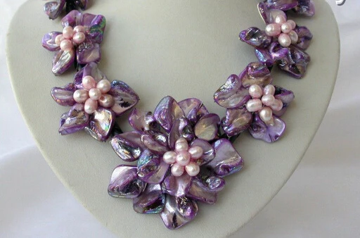 

ddh002169 purple baroque freshwater pearl pink shell flower leather necklace