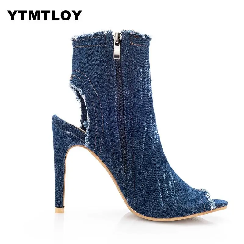 

2019 Peep Toe Gladiator Shoes Women Pumps Denim High Heels Cutout Stiletto Zip Thin Party Blue Super Zapatos Mujer Lady Shoes