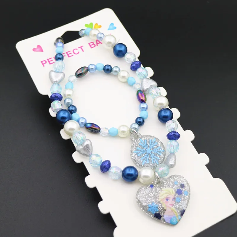 

2pcs Disney cartoon Elsa Children necklace+bracelet doll Frozen charms sweater accessories girl kid birthday gift cosmetic toy