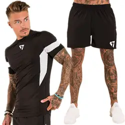GYMPXINRAN бренд костюм мышцы Мужская футболка Топ + шорты мужские спортивные костюмы быстросохнущие компрессионные повседневная спортивная