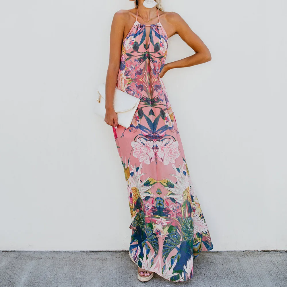 Women Camis Maxi Long Dress Fashion Floral Print Sleeveless Halter Slash Neck Bandage Bohemia Summer Dress 2019 Vestidos Mujer Women Camis Maxi Long Dress Fashion Floral Print Sleeveless Halter Slash Neck Bandage Bohemia Summer Dress 2019 Vestidos Mujer