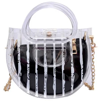 

New Striped Transparent Pvc Handbag Ladies Messenger Bag Chain Candy Color Jelly Summer Beach Bag