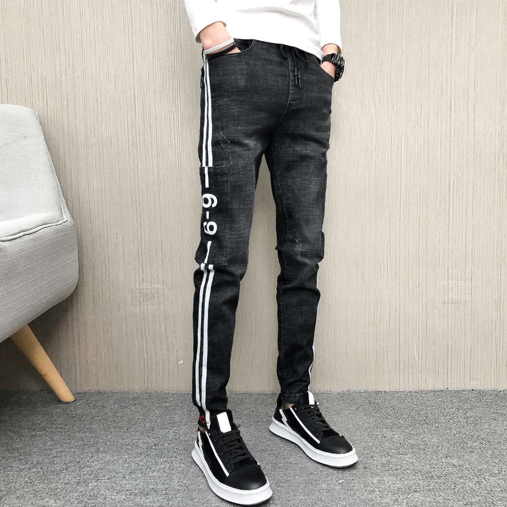 

High Quality Jeans Men Brand New Slim Fit Skinny Jeans Men Streetwear All Match Side Stripe Black Denim Pants Men Clothes 2019
