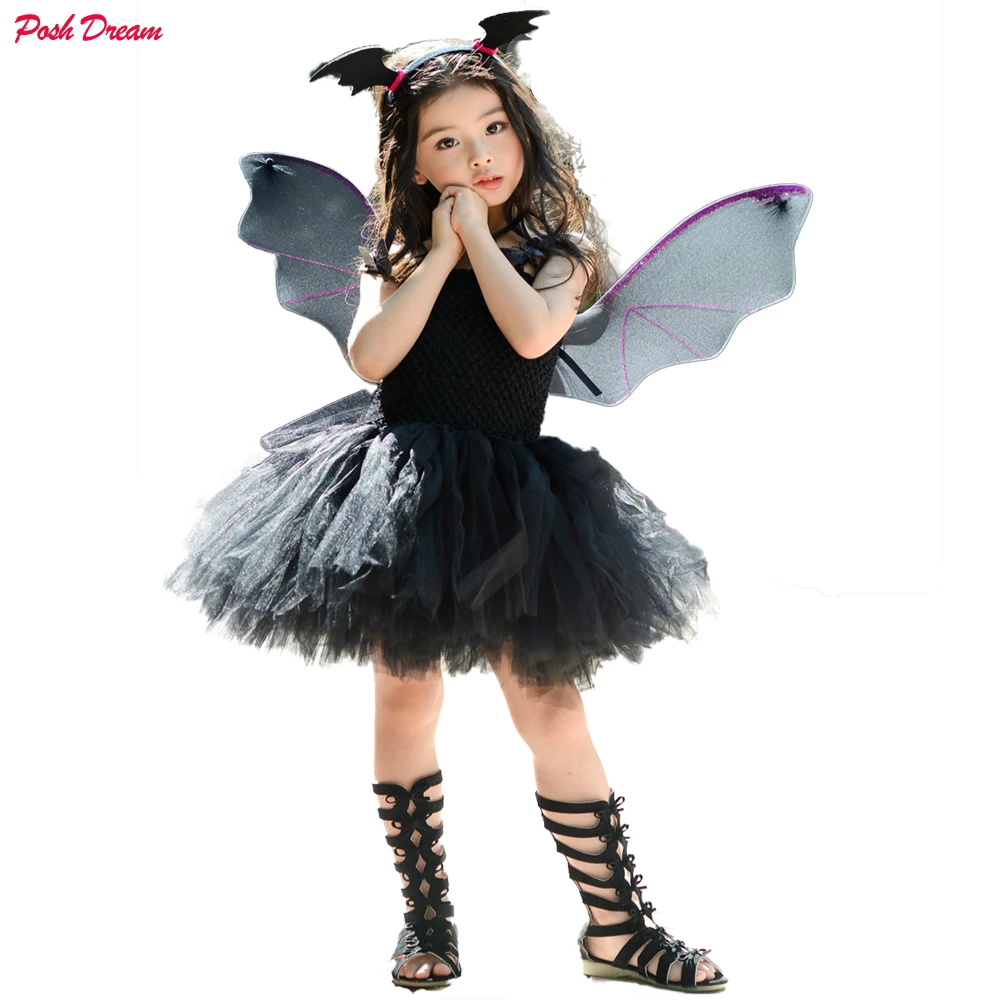 

POSH DREAM Black Girl Halloween Bat Dress Little Girls Vampire Cosplay Party Tutu Dress for Children Halloween Kids Tutu Dress D