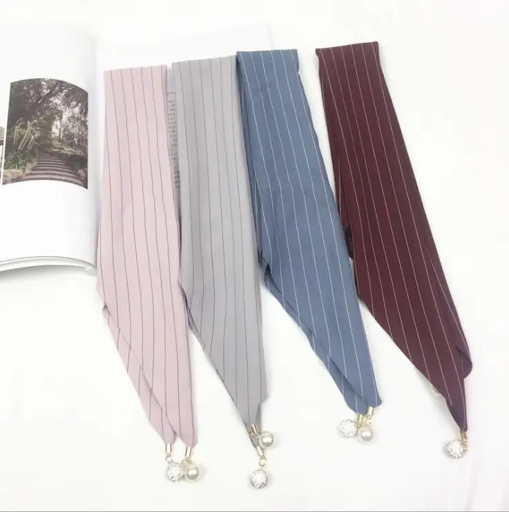 

Striped Triangular Scarf Women's Fashion Neck Scarves With Pearl Pendant &Tassels 2019 NEW Cotton Cloth Printed Hair Scarf