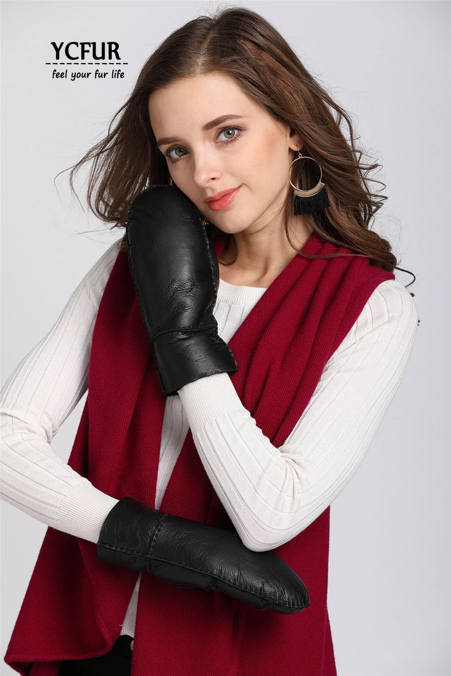 YCFUR Для женщин Зимние перчатки варежки Теплый тяжелый Меховая подкладка из натуральной овчины меховые перчатки для женщин женские теплые