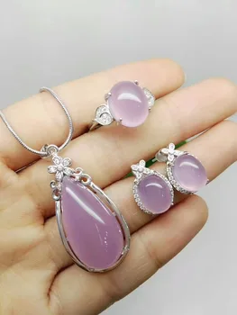 

Natural chalcedony S925 Silver Inlay Necklace Earring transparent exquisite style atmosphere gift