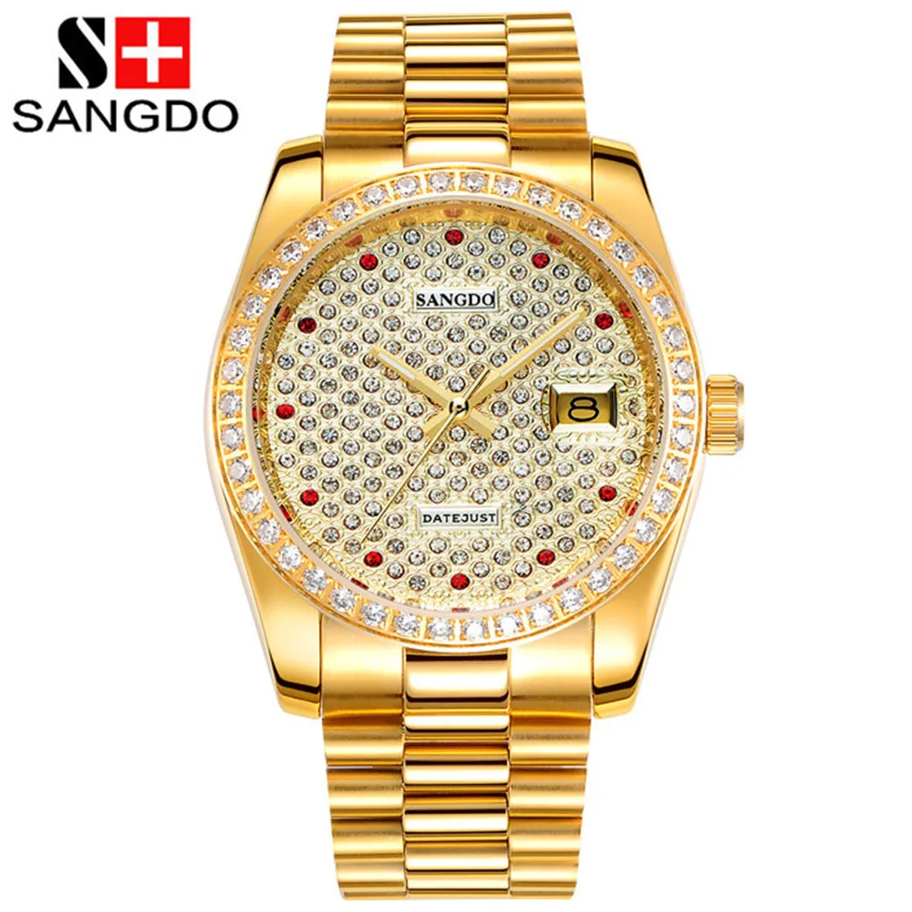 

AAA SANGDO Automatic Golden Watch Men Datejust Ruby Full Diamond Dial Waterproof Transparent Stainless Steel Clock