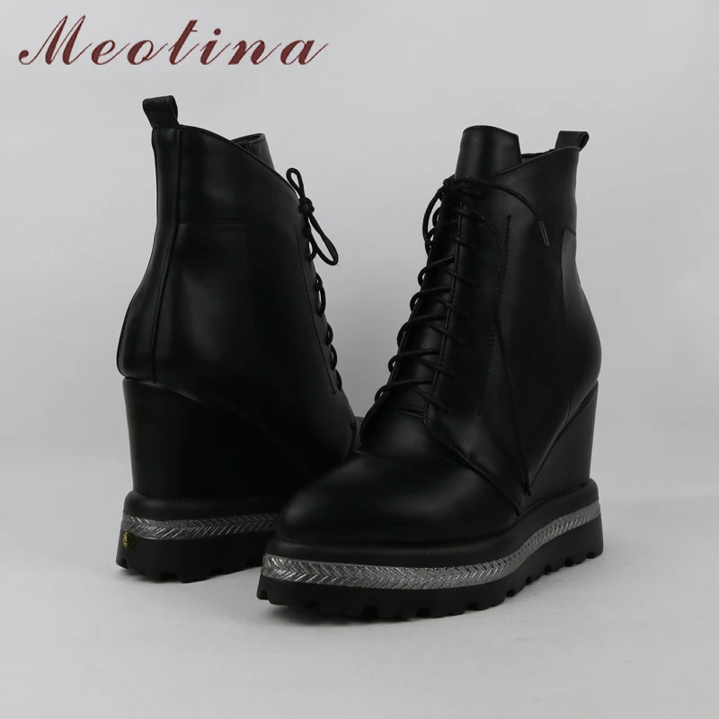 Meotina/зимние женские ботильоны; ботинки на танкетке и платформе; ботинки на высоком каблуке на молнии; коллекция года; Осенняя женская обувь; цвет черный, белый; большие размеры 33-42