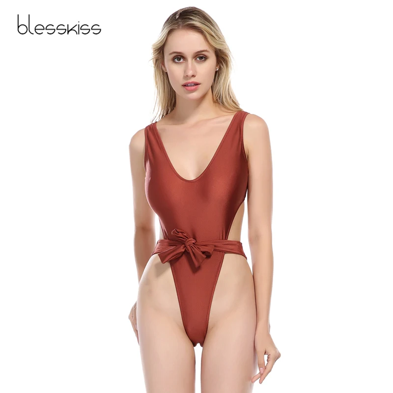 

BLESSKISS Sexy Thong One Piece Swimsuit Bandage Swimwear Women 2018 Solid Cut Out Bathing Suit Trikini Monokini Swim Suit Coffee