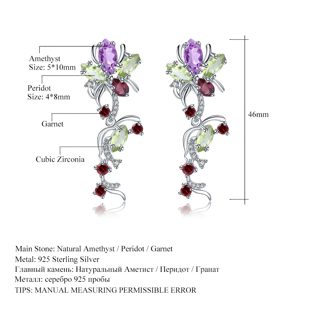 GEM'S балетный Цветок многоцветный натуральный перидот аметист, Гранат 925 пробы серебро Винтажные висячие серьги хорошее ювелирное изделие для женщин