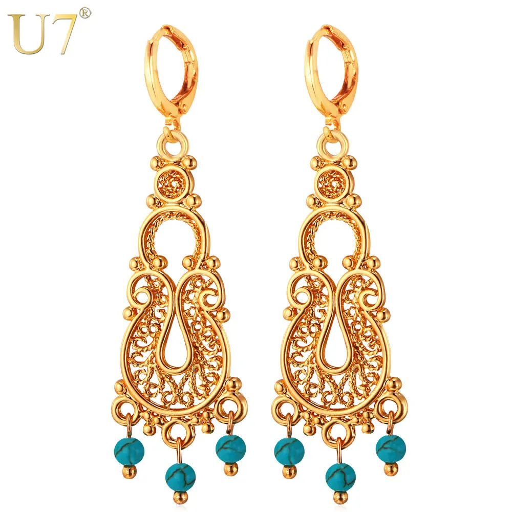 

U7 Turkish Statement Earrings Wholesale Gold/Silver Color Blue Stone Drop Earrings For Women Bohemian Jewelry E705