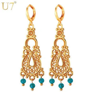 

U7 Turkish Statement Earrings Wholesale Gold/Silver Color Blue Stone Drop Earrings For Women Bohemian Jewelry E705