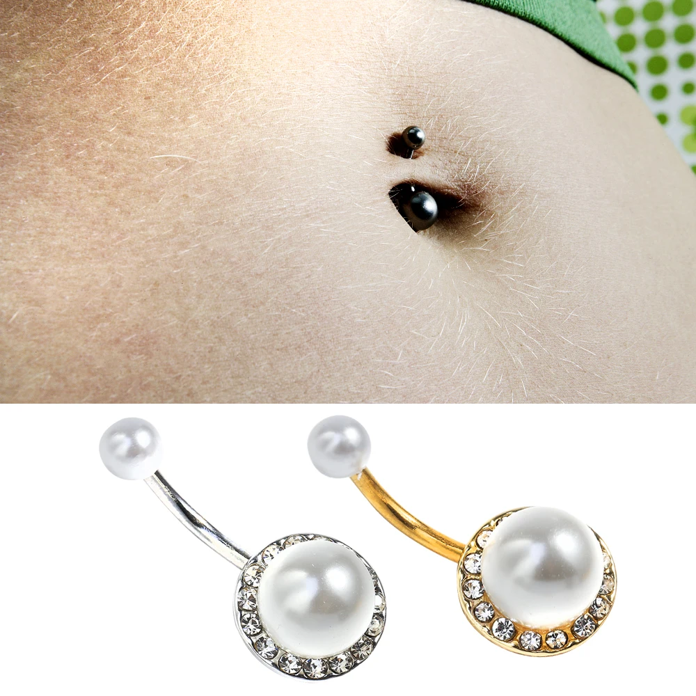 QIYIGE New round pearl ladies navel ring crystal navel nail navel