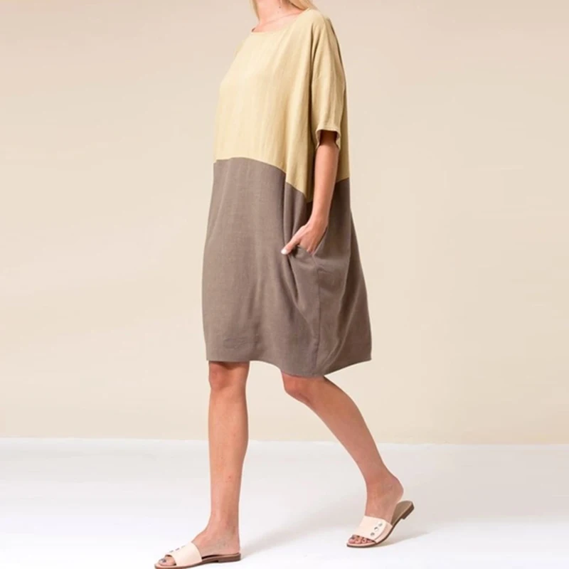 Top Quality 2020 Women Casual Sleeve Patchwork Pockets Loose Knee