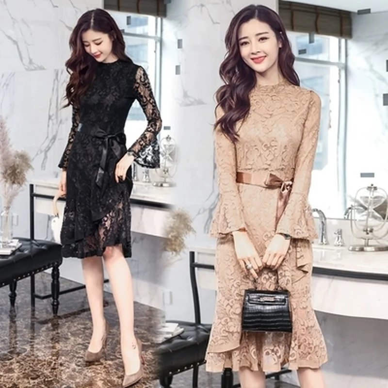 

Summer Women's Lace Solid Color Cutout Garden Collar Long Sleeve Dress 2019 New Korean Retro Slim Waist Slim Elegant Long Dress