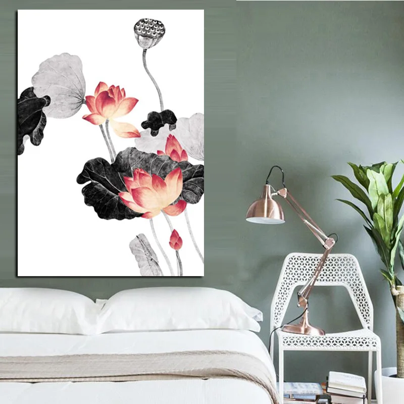 

HD Print Traditional Chinese Calligraphy Painting Pink Lotus Leaf Canvas Art Wall Picture For Living Room Sofa Cuadros Decor