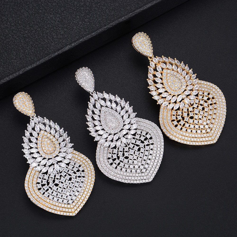 

Fashion Waterdrop Teardrop Hollow Shape Three Tones Full Cubic Zirconia Long Dangle Earings Women Wedding Bridal Jewelry