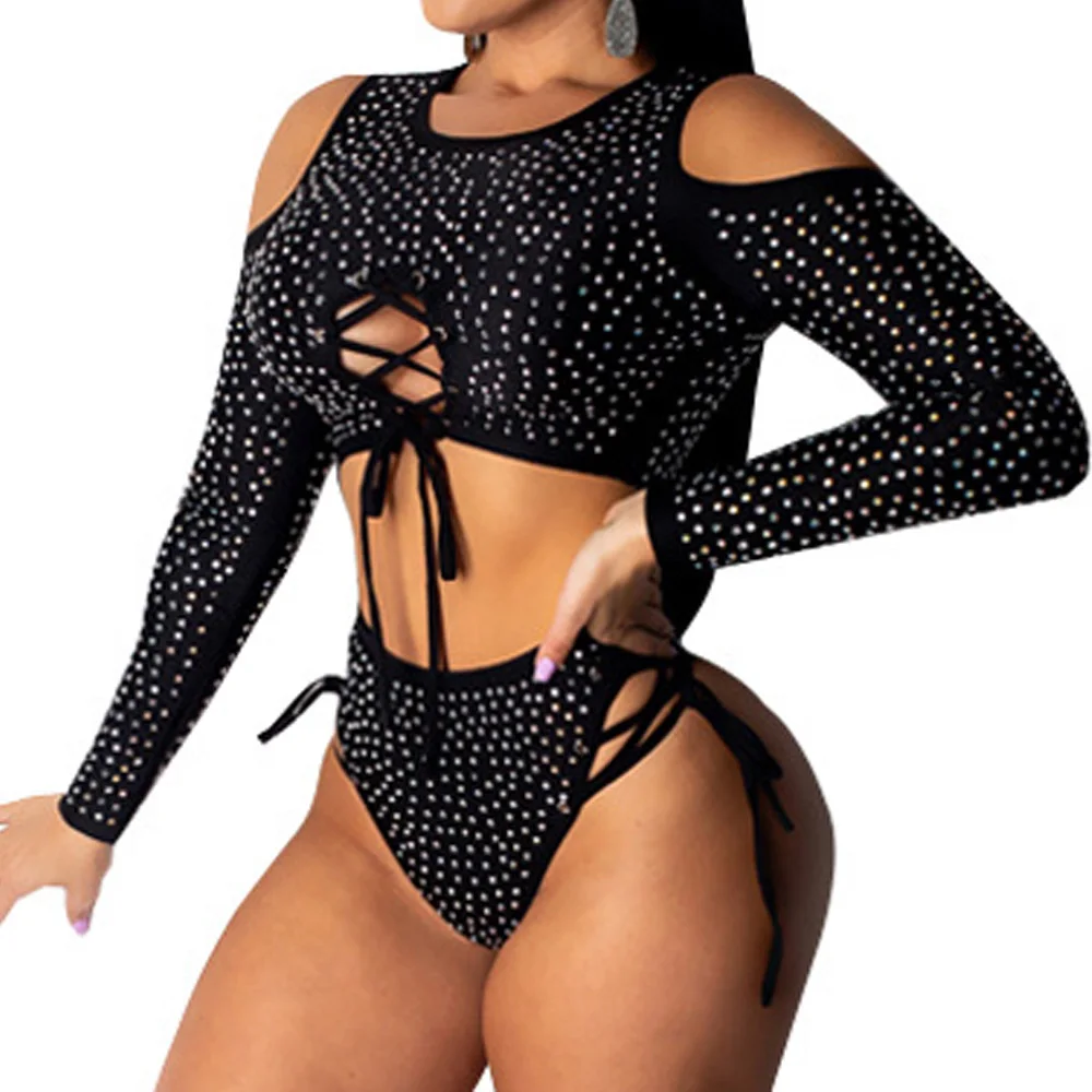 الصيف طويلة الأكمام لامعة حجر الراين الجوف خارج داخلية مثير الدانتيل يصل قطعتين مجموعة النساء السروال القصير قصيرة النادي حزب Playsuits