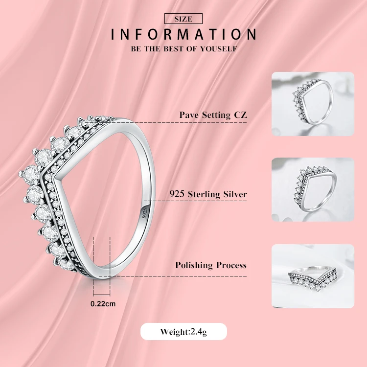 925 Sterling Zircon Crown Finger Ring Classic Stackable Silver Jewelry For Women Wedding Christmas Gift