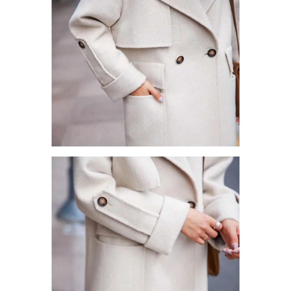 Большие размеры, элегантные женские зимние шерстяные пальто, двубортные, новинка, модная женская верхняя одежда с отложным воротником, NW1009