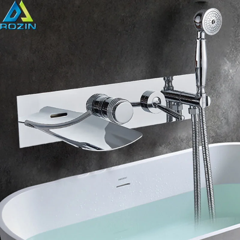 Wall Mounted Chrome Waterfall Bathtub Faucet Set Single Handle with