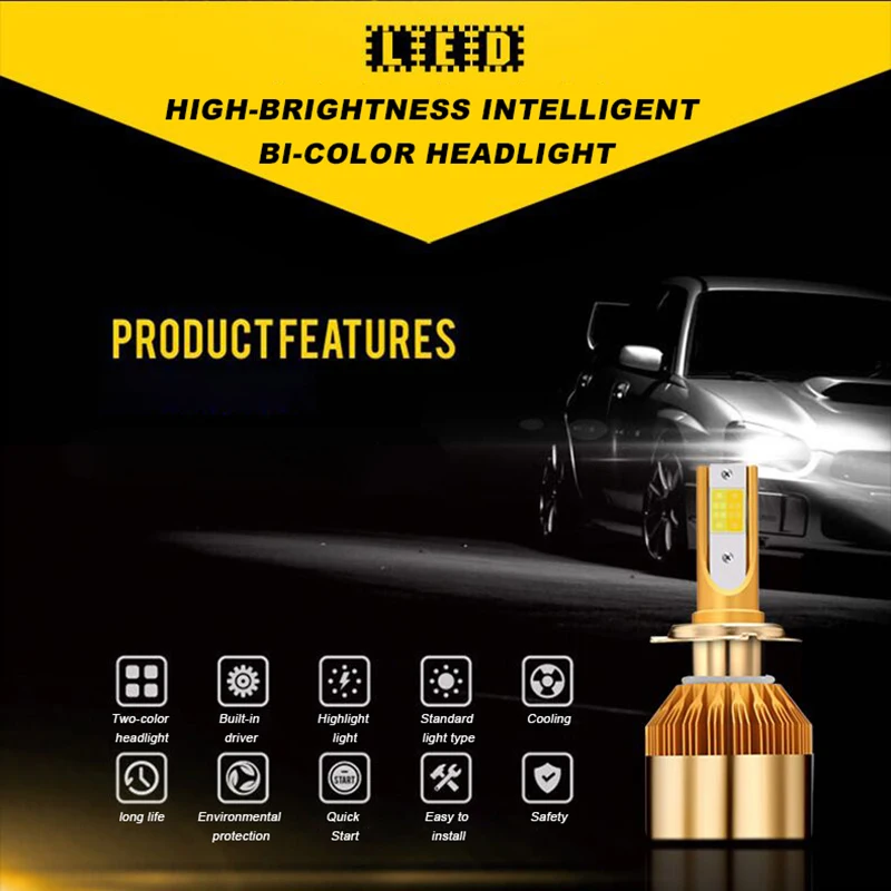 Car-Led-headlights-Two-color-warm-yellow-white-light-car-H11-H7-H4-fog-light-bulb(2)