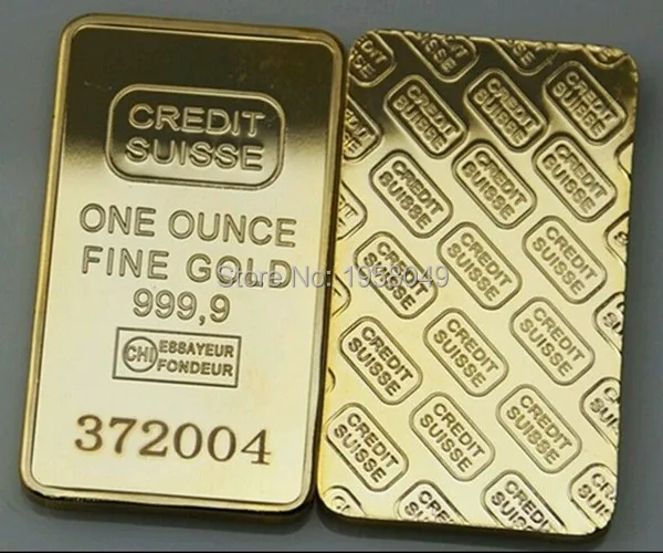 Лазерный номер бесплатно, высокое качество 10 шт./лот Credit suisse Fine gold Реплика слитка. 999 Позолоченный слиток