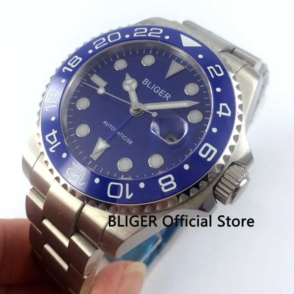 Sapphire Crystal BLIGER 40mm Blue Dial Ceramic Rotating Bezel Luminous Marks Blue GMT Pointer Automatic Movement Men's Watch Sapphire Crystal BLIGER 40mm Blue Dial Ceramic Rotating Bezel Luminous Marks Blue GMT Pointer Automatic Movement Men's Watch