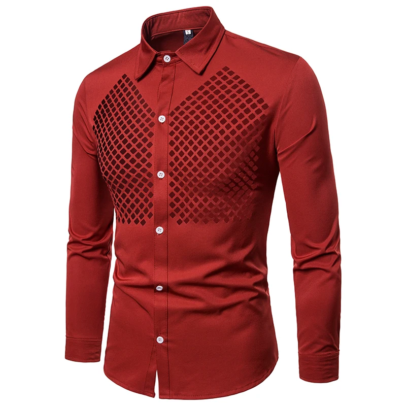 Solid Chest Hollow Grenadine Design Male Long Sleeve Shirt Men Turn-down collar Breathable  Shirt Bar Hairstylist Fashions