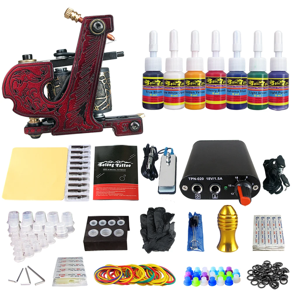 

Complete Tattoo Coil Machine Kit For Liner Shader Power Supply Foot Pedal Needles Grip Tips Tattoo Body&Art TK105-61