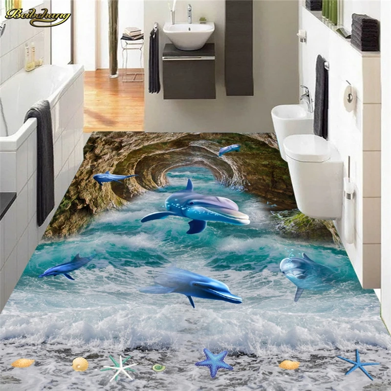 beibehang Custom Photo Wallpaper Floor Painting Cave Dolphin Beach Bathroom Bedroom 3D Floor papel de parede