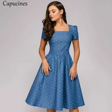 Vintage Square Collar Print Dress Women Summer Puff Sleeve Slim A-Line Elegant Party Dresses Casual Short Sleeves Female Vestido