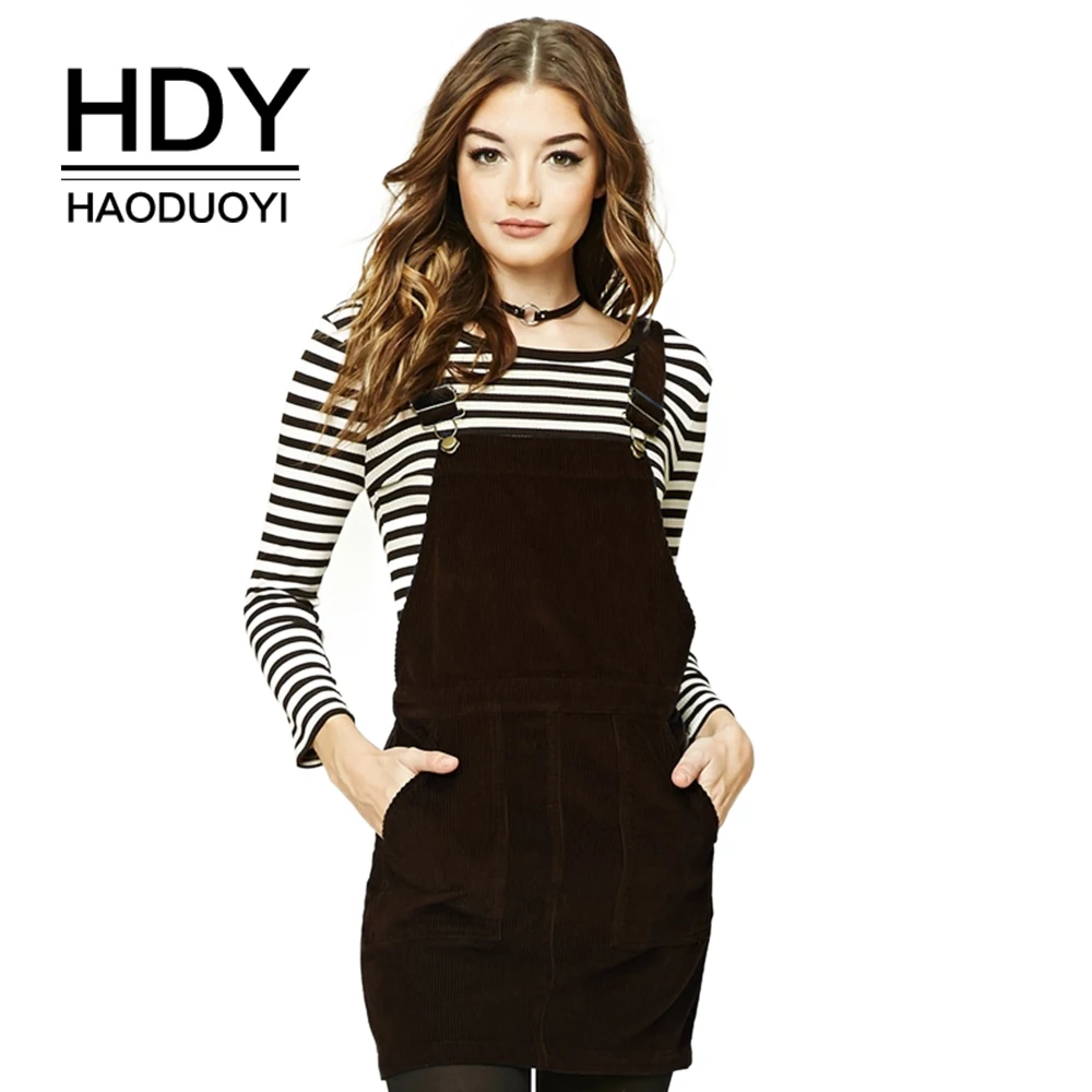 

Haoduoyi HDY Cotton Corduroy Tooling Strap Women Skirts Suspender Front Pocket High Waist Back Cross Tie Casual Sweet Skirts